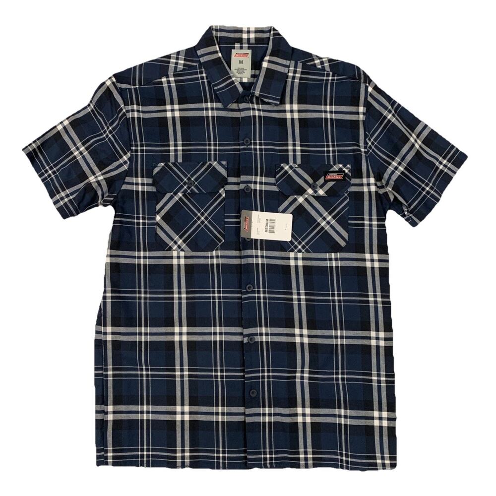 Dickies Work Shirt Mens M Blue Plaid Short Sleeve Button Up Pocket